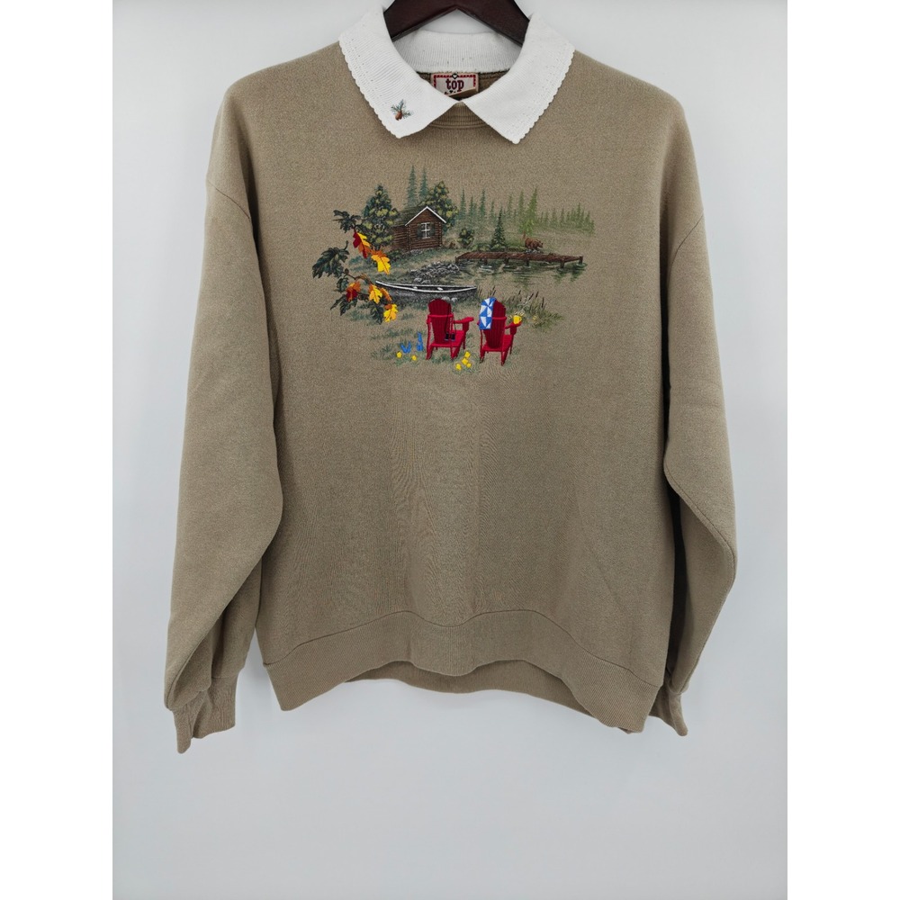 Vintage Top Stitch by Morning Sun Tan Lakeside Cabin Collared Sweatshirt Large